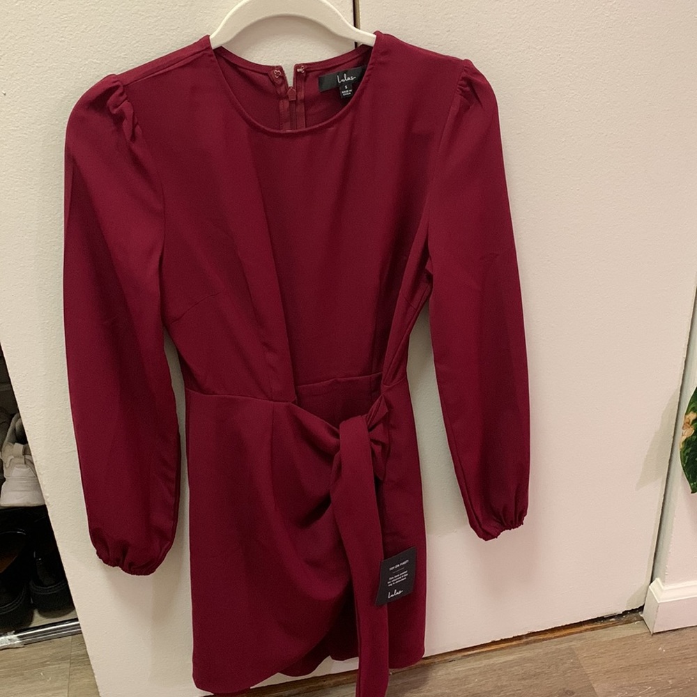 lulus believe it or knot wine red maroon long sleeve mini wrap dress SMALL - Picture 4 of 6